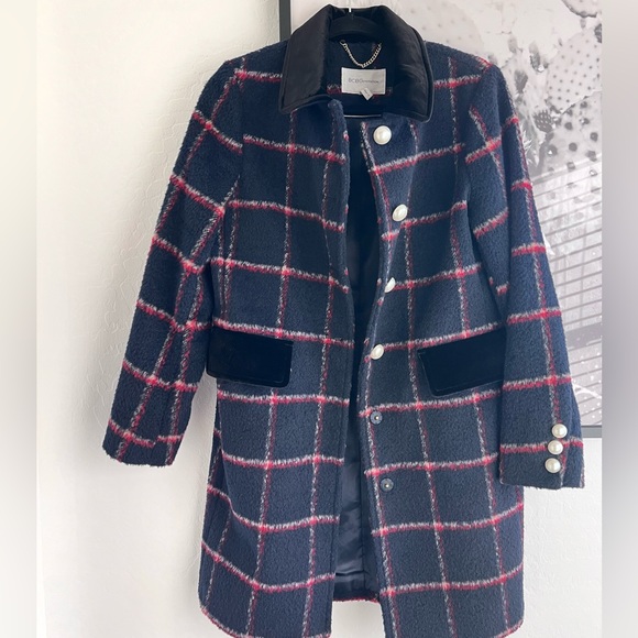 BCBGeneration Navy Plaid Velvet Trim Warm Winter Coat size Small - Picture 12 of 12